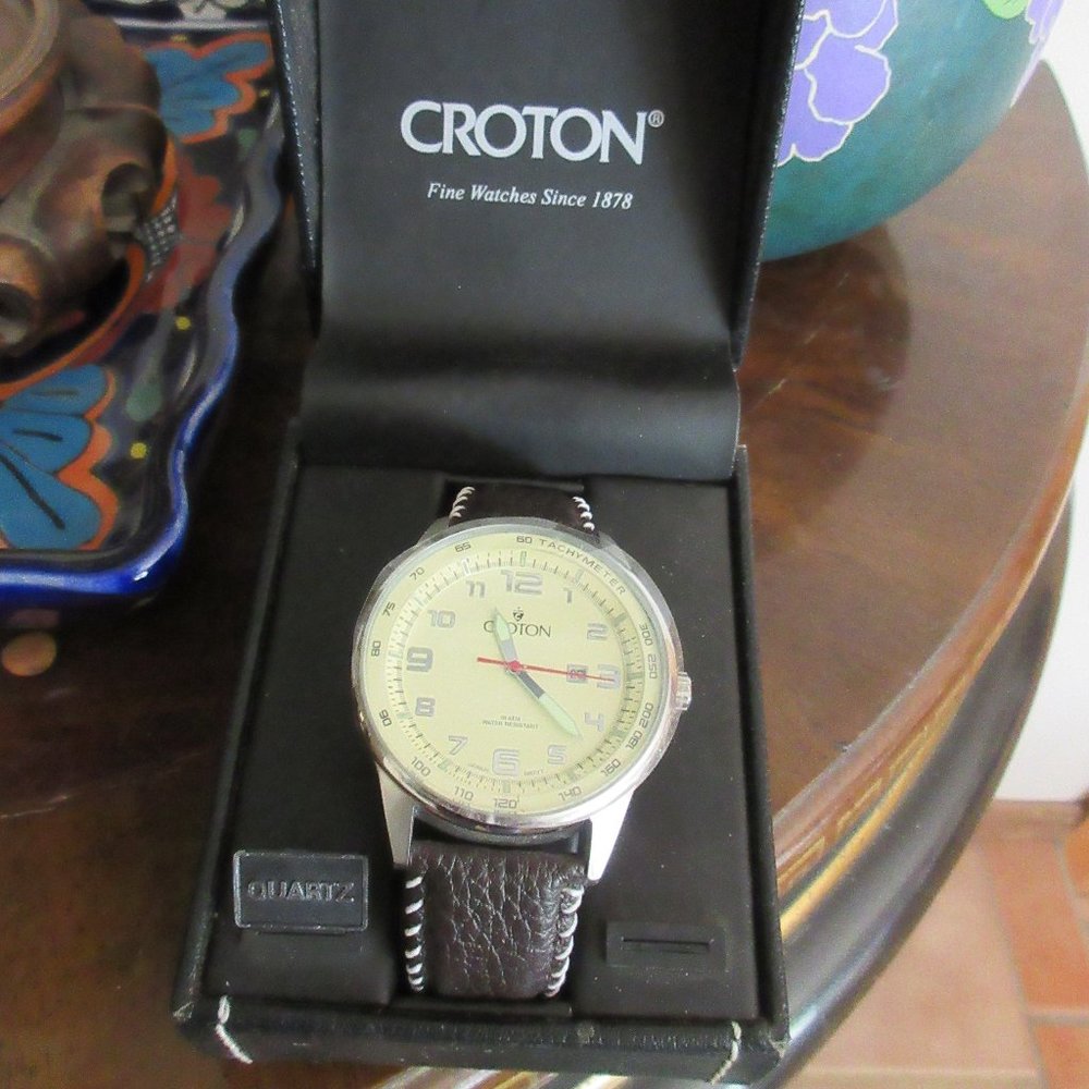 New CROTON TACHYMETER Wrist Watch with Manual Italian Leather Band
